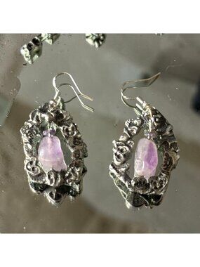 Natural Amethyst Brutalist Drop Earrings - Textured Silver Dangle with 925 Hooks